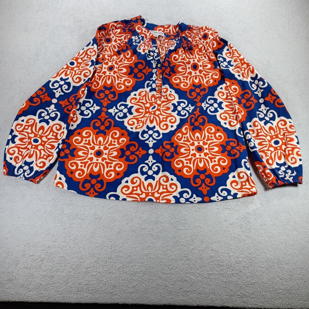 Buckhead Betties Womens Medallion Print Blouse Blue Orange M Smocked Neck